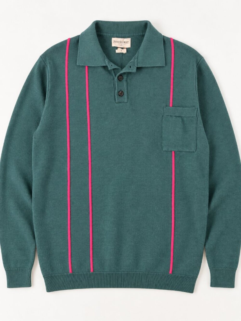 Far Afield Organic Cotton Knit Polo Sweater M Teal Pink Stripe Retro
